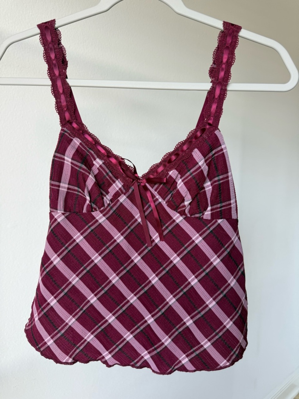 No Boundaries Burgundy and Pink Plaid Lace-Trim Tank